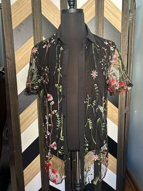 Sheer Black Floral Embroidered Button-Up Shirt